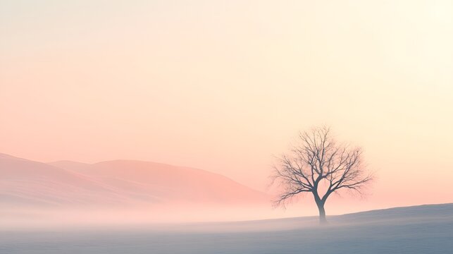 Solitary Bare Tree in a Misty Landscape with Soft Light Hues