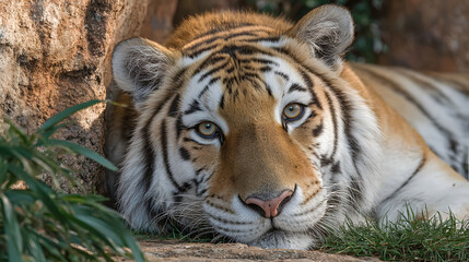 Fototapeta premium Tiger ruht mit wachsamem Blick im Gras nahe Felsen 