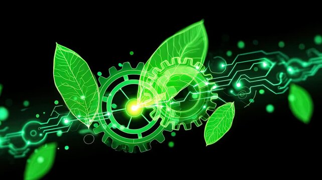 Green leaf, gear, and circuit board blend together, symbolizing eco friendly technology, innovation, and sustainable energy with futuristic, glowing digital style, as green leaves, gear