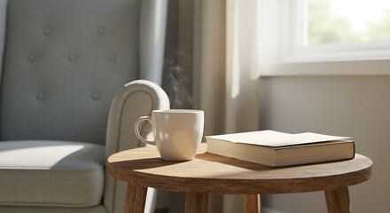 Steaming mug and closed book on a round wooden side table