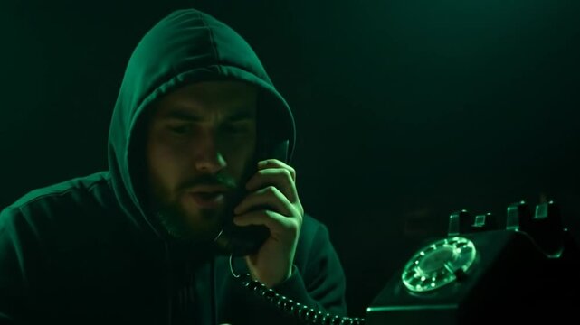 Man Wearing Hood Talking About Stolen Data, Blackmailing on Vintage Phone at Night