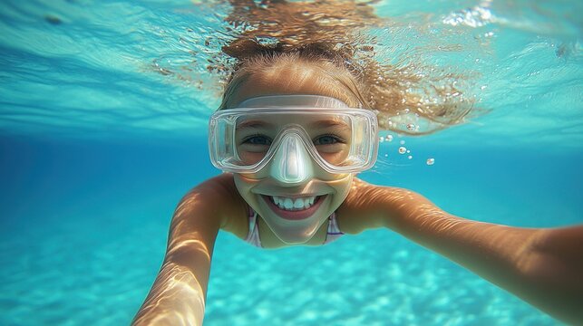 Smiling girl underwater in goggles