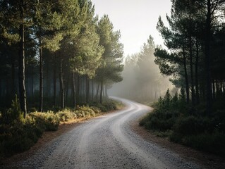 A winding forest road bathed in morning light.
