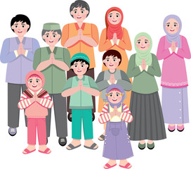Big Muslim Family Greeting on Eid al-Fitr – Islamic Holiday Concept