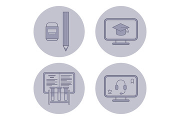 Various icons of education, including pencil, graduation screen, laboratory beakers, and headset. Different learning tools and environments