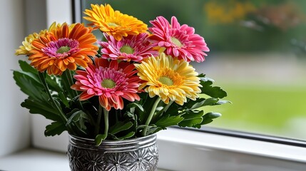 Vibrant floral arrangement in silver pot indoor setting nature photography bright and cheerful close-up view