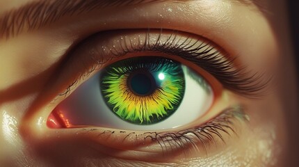 Fototapeta premium The image showcases a detailed human eye with vibrant green and hazel tones, intricate textures, and realistic lighting, highlighting pores and natural contours.