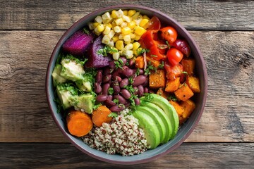 Healthy colorful vegetarian salad bowl with roasted vegetables, beans, grains, and avocado, top-down food photography on rustic wooden table background, 32k resolution