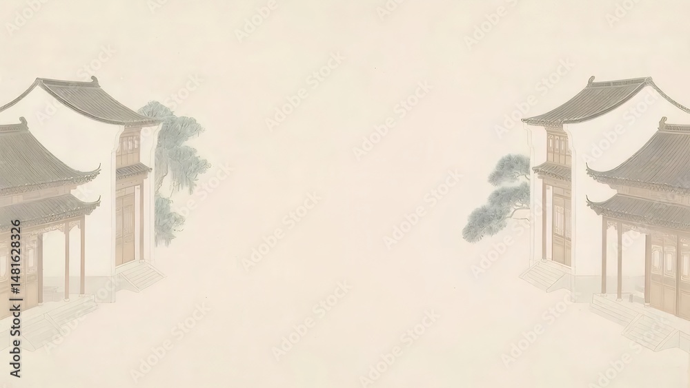 Aufkleber ソフトグレーの背景に伝統的な中国建築物の水彩画の風景、アジアの文化的建築様式を特徴とする、歴史的要素を取り入れた静かなシーン