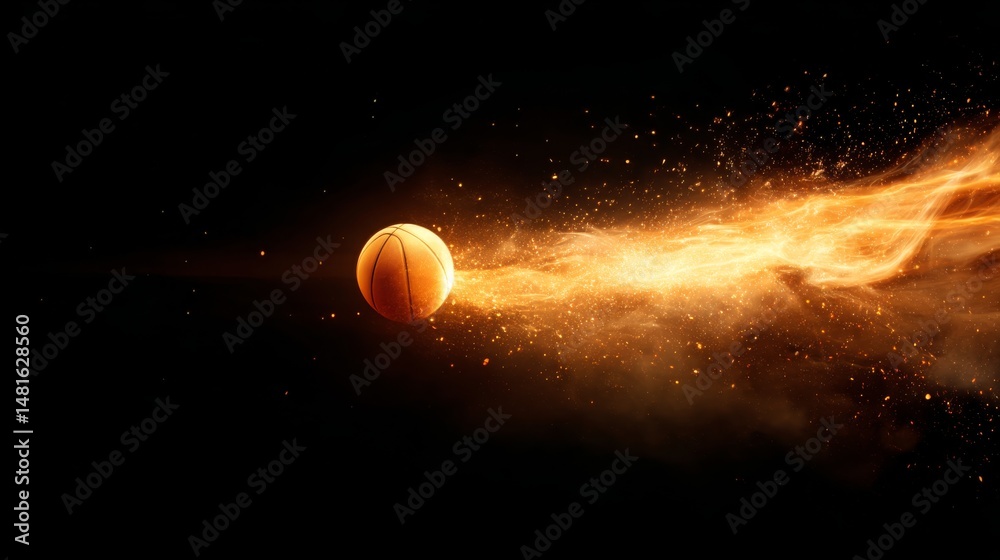 Aufkleber a basketball rotates in mid-air, engulfed in glowing embers and swirling smoke trails, creating a st