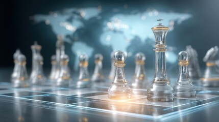 High-detail photo of a glass chessboard mid-game, placed over a glowing holographic world map