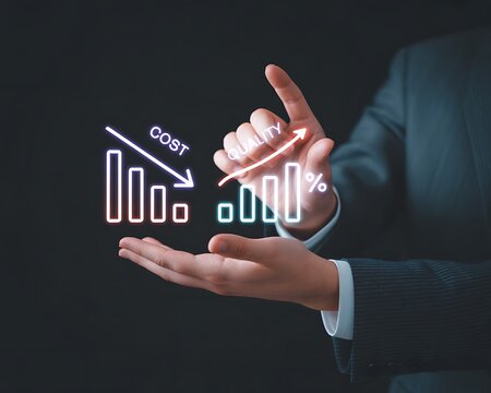 Business professional demonstrating decreasing cost and increasing quality using a data visualization.