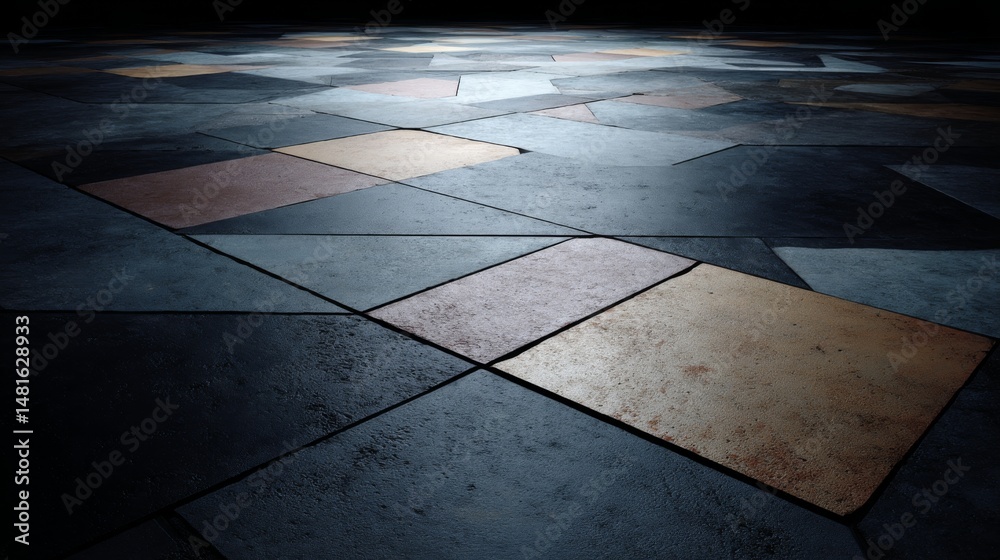 Fototapete Triangular patterns crafted from rough concrete, enhanced by soft ambient lighting, creating an intriguing visual effect