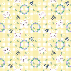 Vector pattern of fabric, wallpaper, wrapping paper, mats and bed sheets. Continuous and repeatable. Cute style. Designed with flower wreath and cartoon cat.