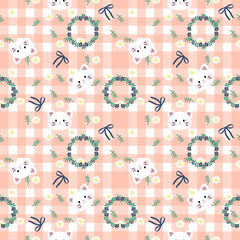 Vector pattern of fabric, wallpaper, wrapping paper, mats and bed sheets. Continuous and repeatable. Cute style. Designed with flower wreath and cartoon cat.