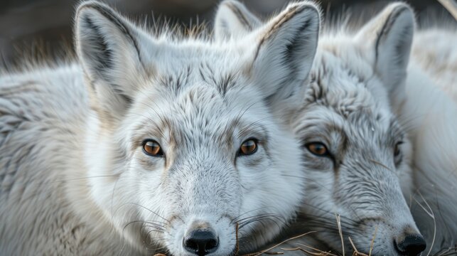 Captivating close-up of a pair of white Arctic foxes with beautiful thick fur, looking directly at the viewer in nature