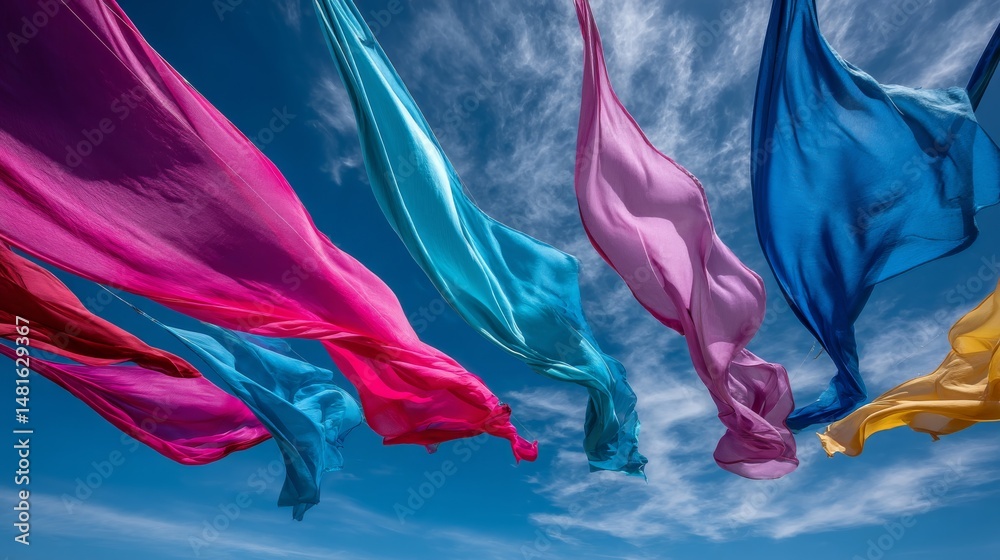 Poster colorful satin ribbons flutter gracefully in mid-air, creating a lively visual against a rich blue s