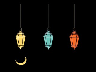 Colorful islamic lanterns hang against a dark background.