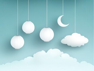 Paper lanterns, moon, and clouds, a serene night sky scene.