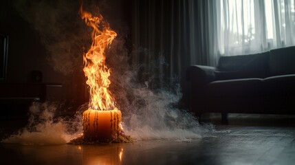 Candle fire incident in living room home disaster emergency response indoor environment close-up view