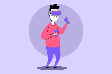 Person standing with virtual reality goggles and controllers, exploring vibrant virtual world. Modern technology concept