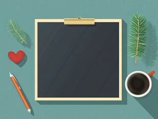Flat lay design featuring a blank chalkboard clipboard.