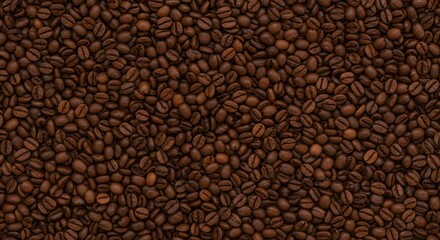 Close-up view of roasted coffee beans in rich brown tones. Perfect for use as a background or texture in coffee shop branding, packaging design, cafe menus, and food-related creative projects.