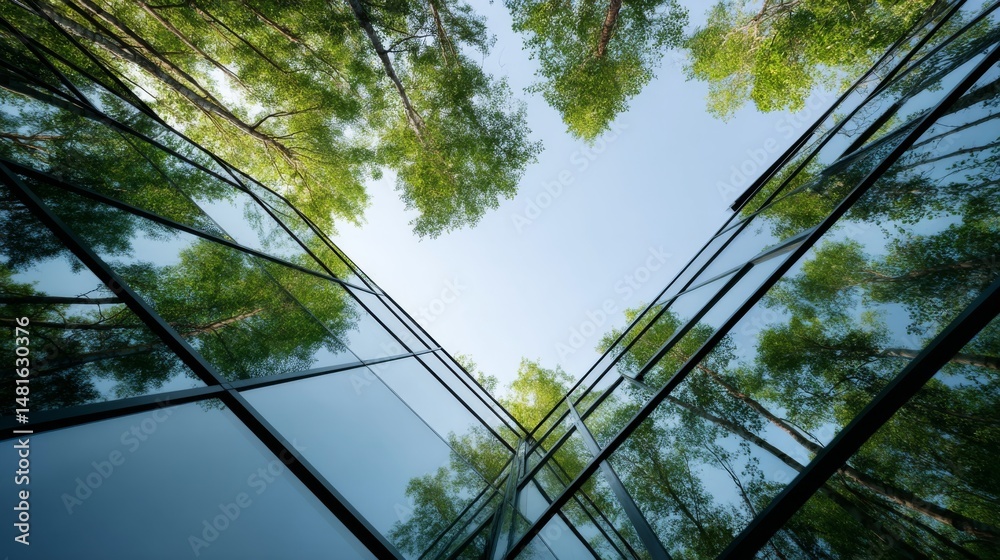 Aufkleber this low-angle view captures a modern glass office building reflecting green treetops against a brig