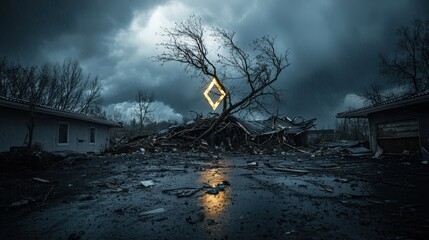 Destruction and resilience post-storm wasteland abandoned village digital art dark mood ground level nature's fury