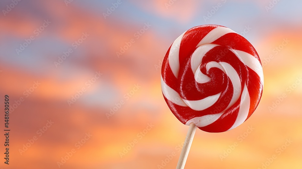 Poster a vibrant red and white spiral lollipop stands upright against a soft pastel background, emphasizing