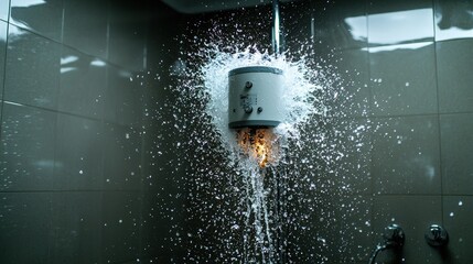 Explosion of water from shower head bathroom action scene indoor close-up safety concern