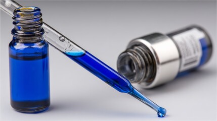 Macro view reveals a dropper bottle filled with electric blue serum, highlighting its shape and transparency with dramatic backlighting for visual impact
