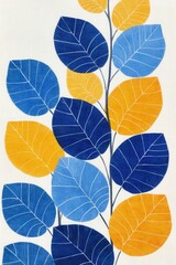 Obraz premium Colorful Leaf Pattern Illustration featuring Blue Yellow and Light Blue Leaves on Branches Close Up