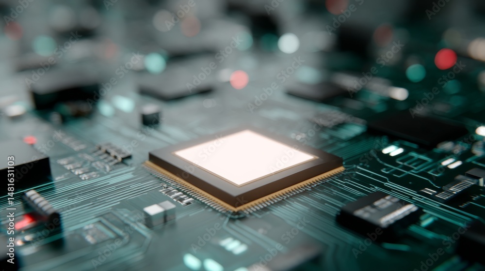 Poster Close-up of a computer motherboard highlights a central AI chip emitting a soft glow, surrounded by complex circuits and reflective surfaces in cool tones
