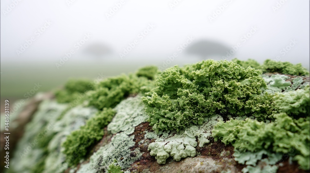 Poster close-up of a lichen-covered rock set in a misty woodland, where the shallow depth of field enhances