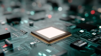 Close-up of a computer motherboard highlights a central AI chip emitting a soft glow, surrounded by complex circuits and reflective surfaces in cool tones