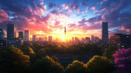 Fototapeta premium Vibrant sunset colors paint the urban skyline with trees in foreground in a peaceful city landscape.