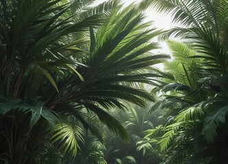 Overlapping palm fronds creating a natural canopy in a dense jungle setting , jungle foliage, greenery, dense vegetation