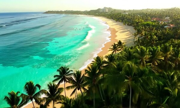 An aerial view of a beach with palm trees