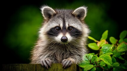 Curious Raccoon: A charming raccoon with expressive eyes and a mischievous grin peers out from behind a weathered wooden fence.