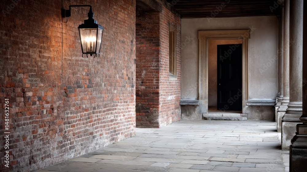 Poster in a peaceful courtyard at dusk, a single lantern casts a warm glow against textured brick, creating