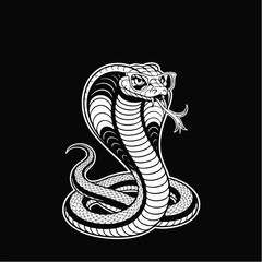 A detailed and fierce black and white illustration of a cobra snake wearing glasses, with its hood spread and tongue out. Ideal for tattoo designs, apparel prints, biker emblems, and wildlife artwork.