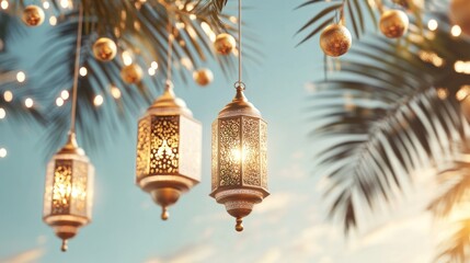 Golden Ramadan Lanterns Hanging Under Palm Trees