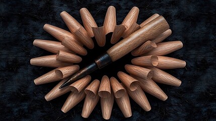 Wooden seed planter tools arranged in a circular pattern on a dark surface