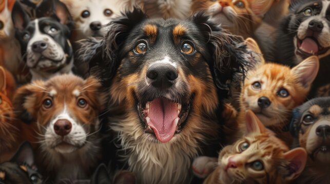A dog's face surrounded by many cats and dogs faces, all looking at viewer.  Happy expression,  various breeds and species