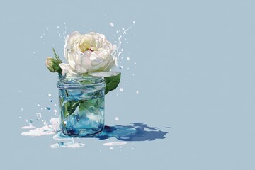 Delicate white flower in a glass jar with water splashes.