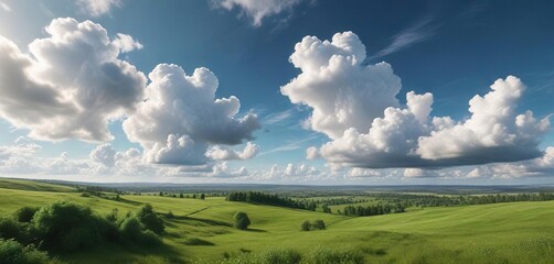 Panoramic view of green landscape under a sky filled with fluffy white cumulus clouds, creating a peaceful and serene environment, peace, rolling