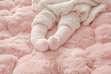 Baby's Feet Peeking Out from Under Blanket on Pink Furry Surface Close Up Soft Focus Gentle Newborn