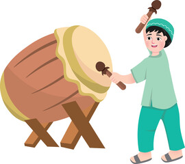 Young Man Hit Bedug Drum for Call to Prayers