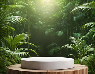 A podium background product green nature 3D forest stands white plant. Cosmetic background product podium display wood jungle studio green garden beauty platform. 